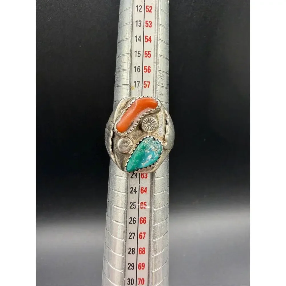 Vintage Native American Turquoise & Coral Ring Size 9 Sterling Silver Men’s Ring